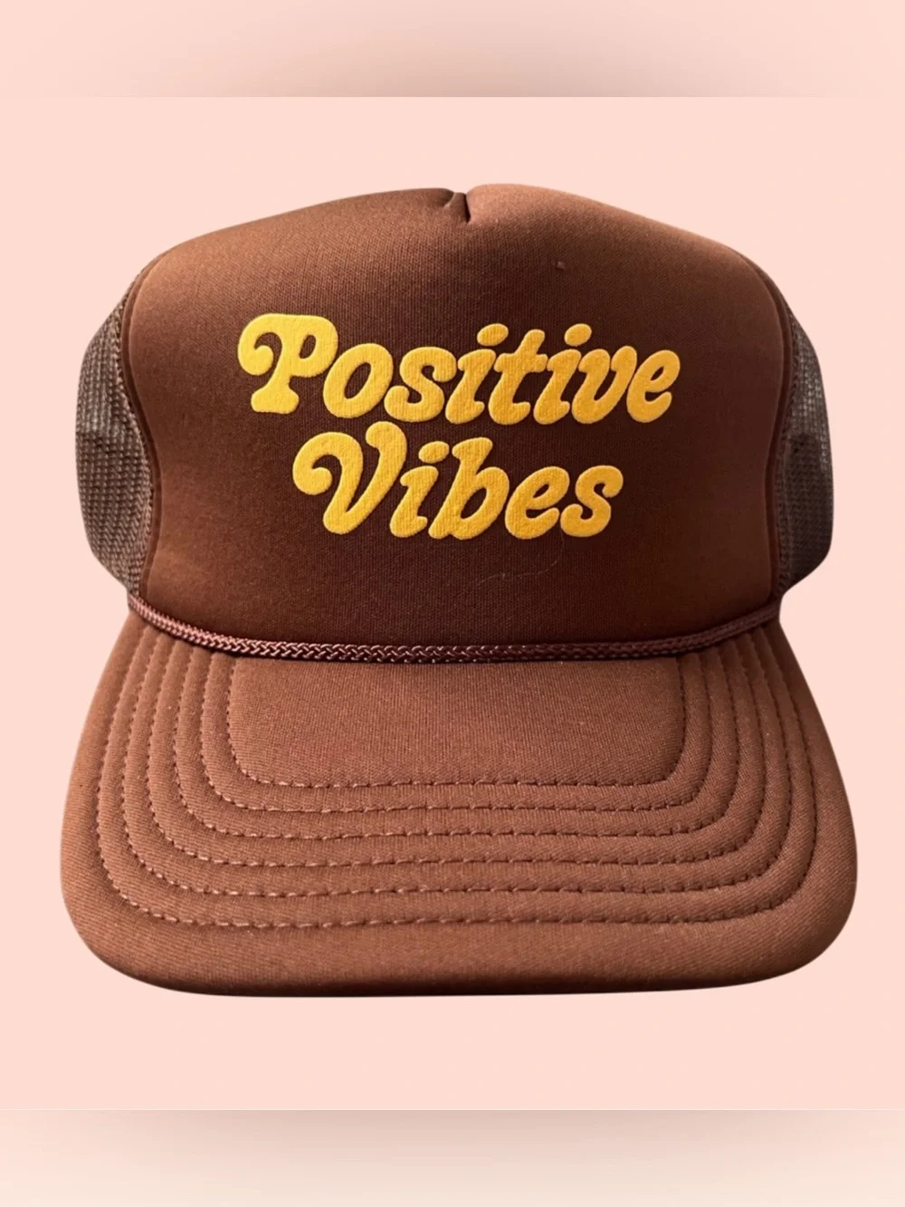 Positive Vibes Brown Trucker Hat with Yellow Lettering